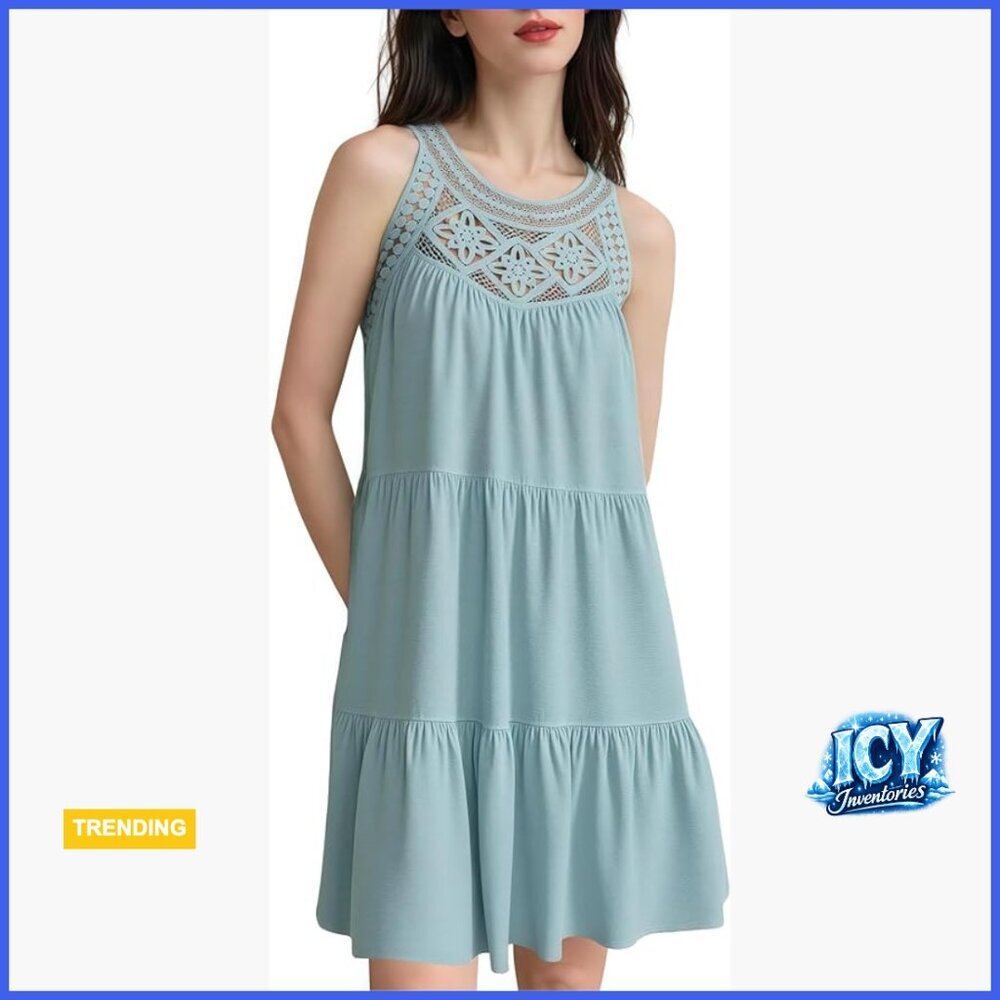Crochet Tiered Halter Sundress, Loose Fit A-Line Boho Beach Dress